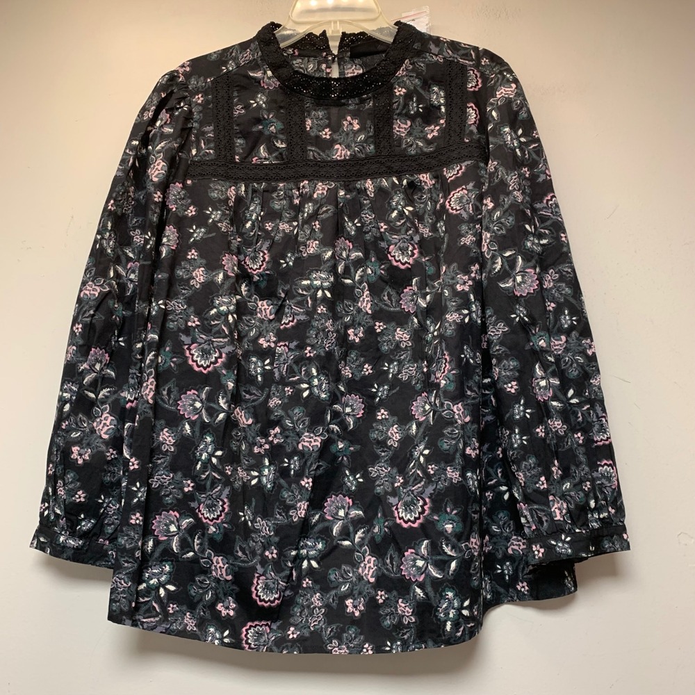 Lane Bryant Blouse Womens 14 Black Floral NWT Lace Trim High Neck Cotton 14281